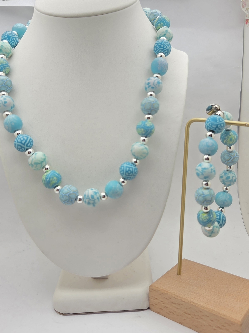 Jilzarah Polymer Clay Bead Necklace & Stretch Bracelet Set Blue Flamingo Floral